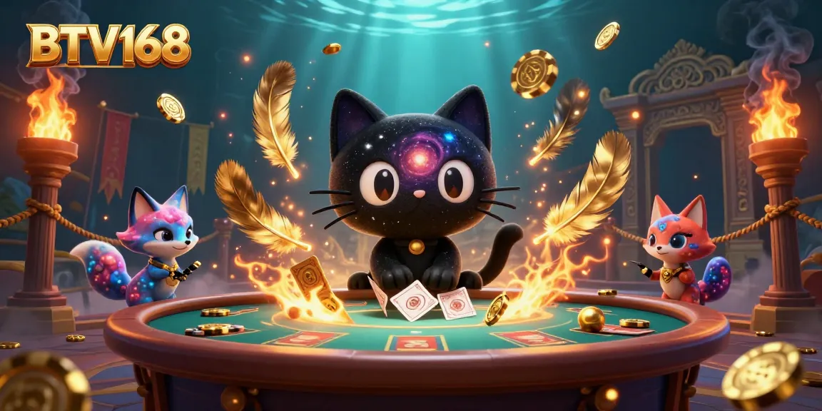 BTV168 showcases an engaging scene with a black hole cat and nebula fox at a cosmic casino table.