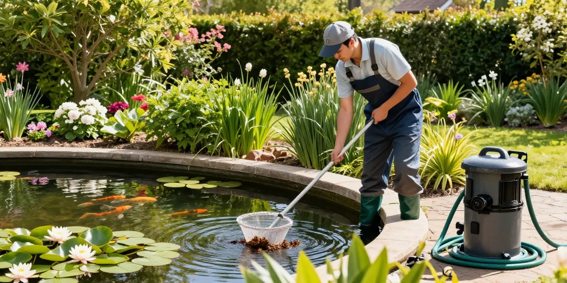 Professional Pond Cleaning Essex services in action at a backyard pond.