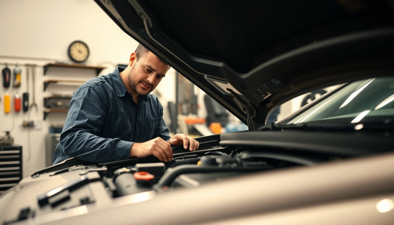 Detailing a vehicle service contract during an auto inspection in a well-lit garage.