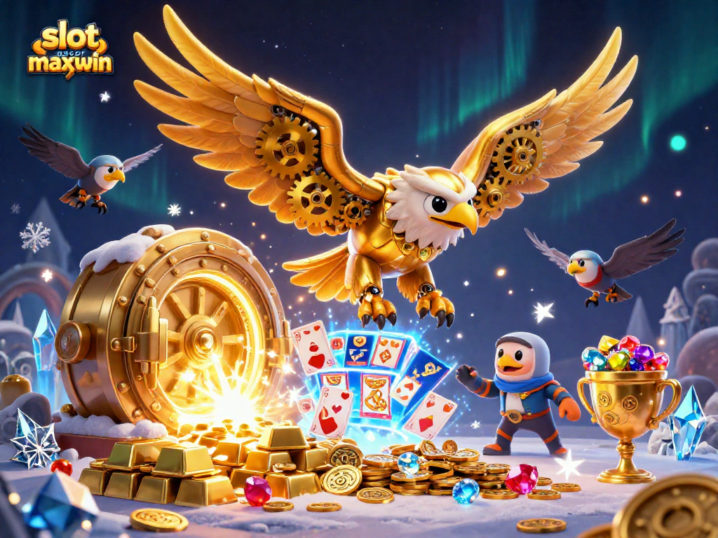 Engage with slot gacor maxwin as the cybernetic eagle dives through vibrant gaming elements.
