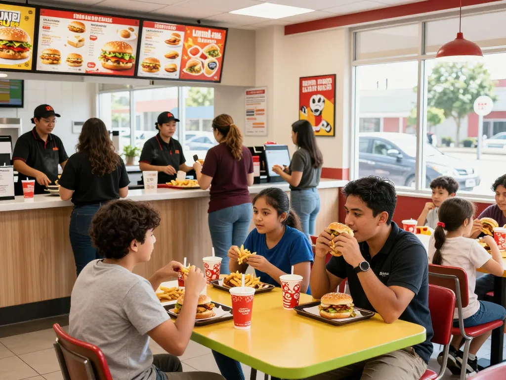 Enjoying a diverse fast food menu at a lively restaurant with cheerful staff and eager customers.