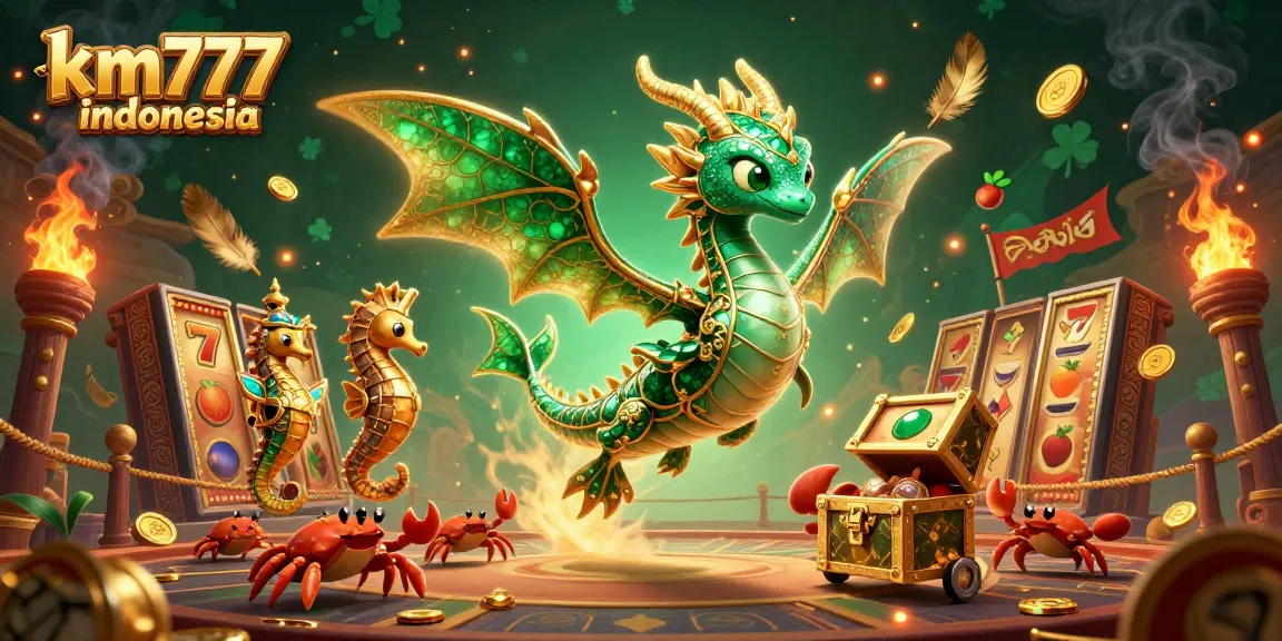Engage with the excitement of km777 indonesia featuring a sea dragon amidst slot reels and gold coins.