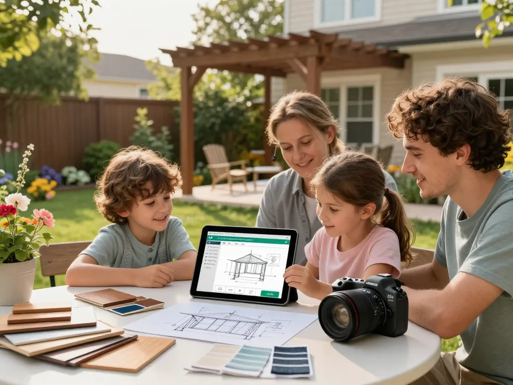 Family using pergola configurator software outdoors to design a custom pergola.