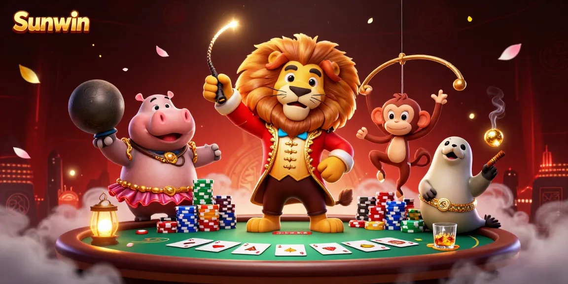 Win at Sunwin casino with a vibrant scene featuring a playful lion and engaging circus elements, celebrating gaming.