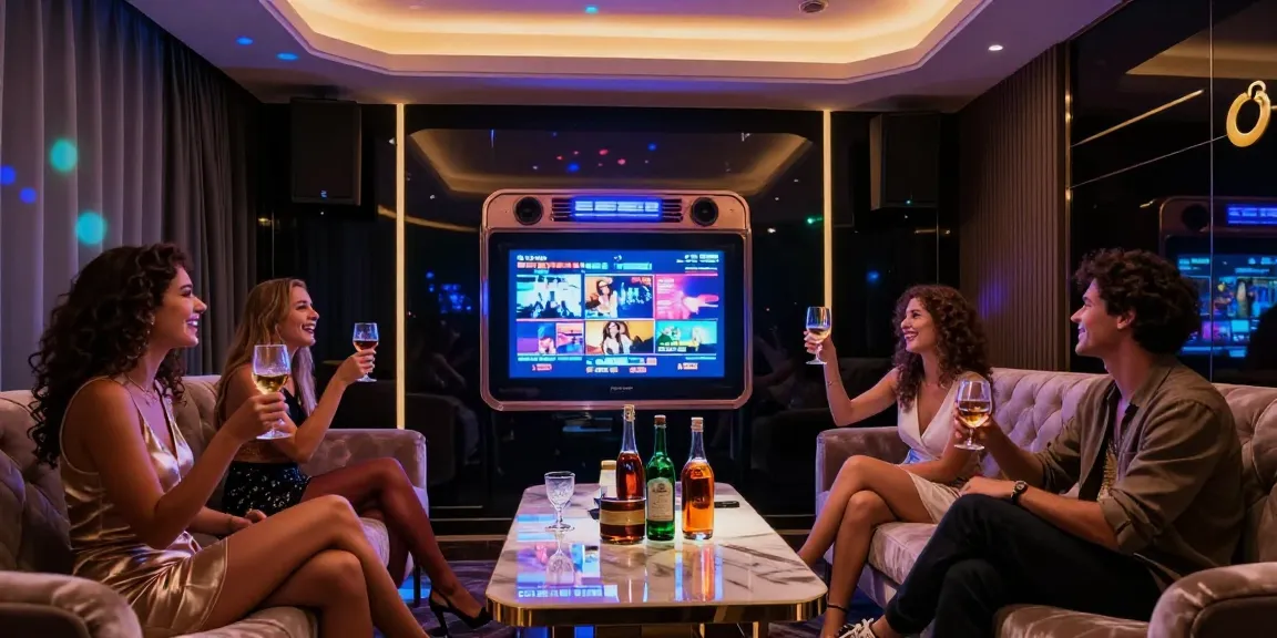 강남가라오케에서의 화려한 프라이빗 룸에서 친구들이 음료와 함께 노래를 즐기는 모습