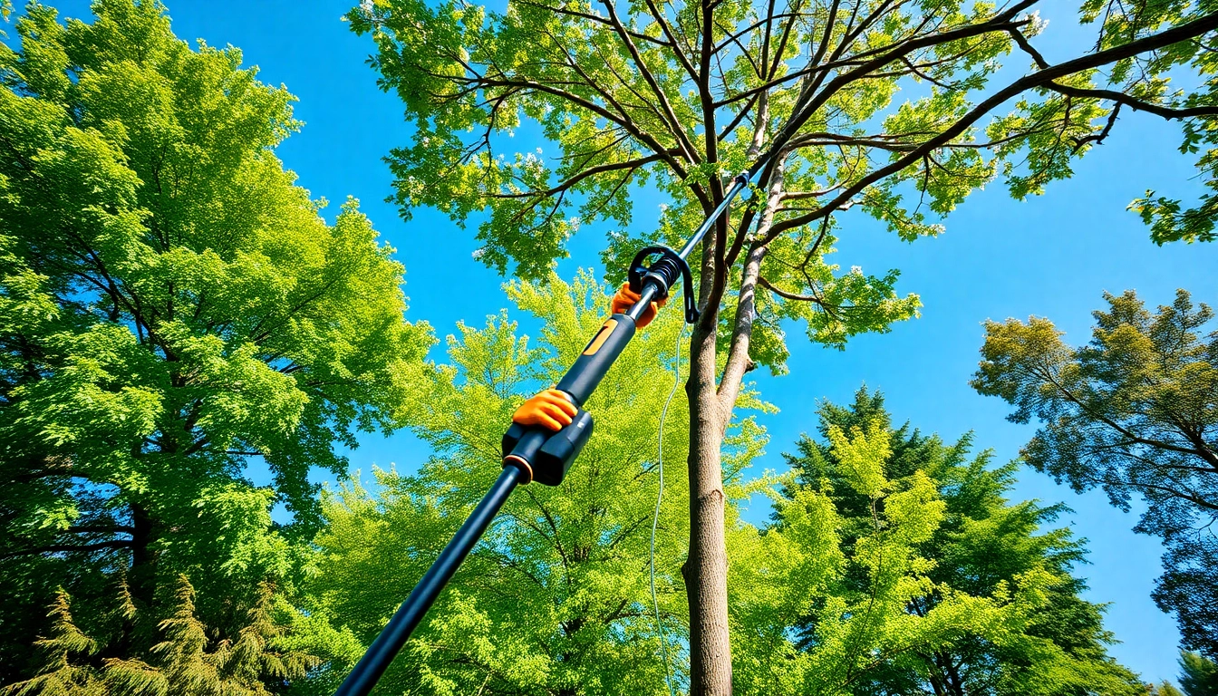Best electric pole saw being used for tree trimming in a lush garden.