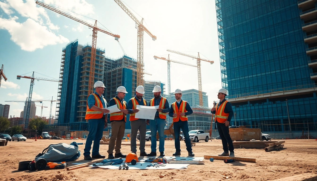 Explore professionals engaged in Austin construction with blueprints and equipment on site.