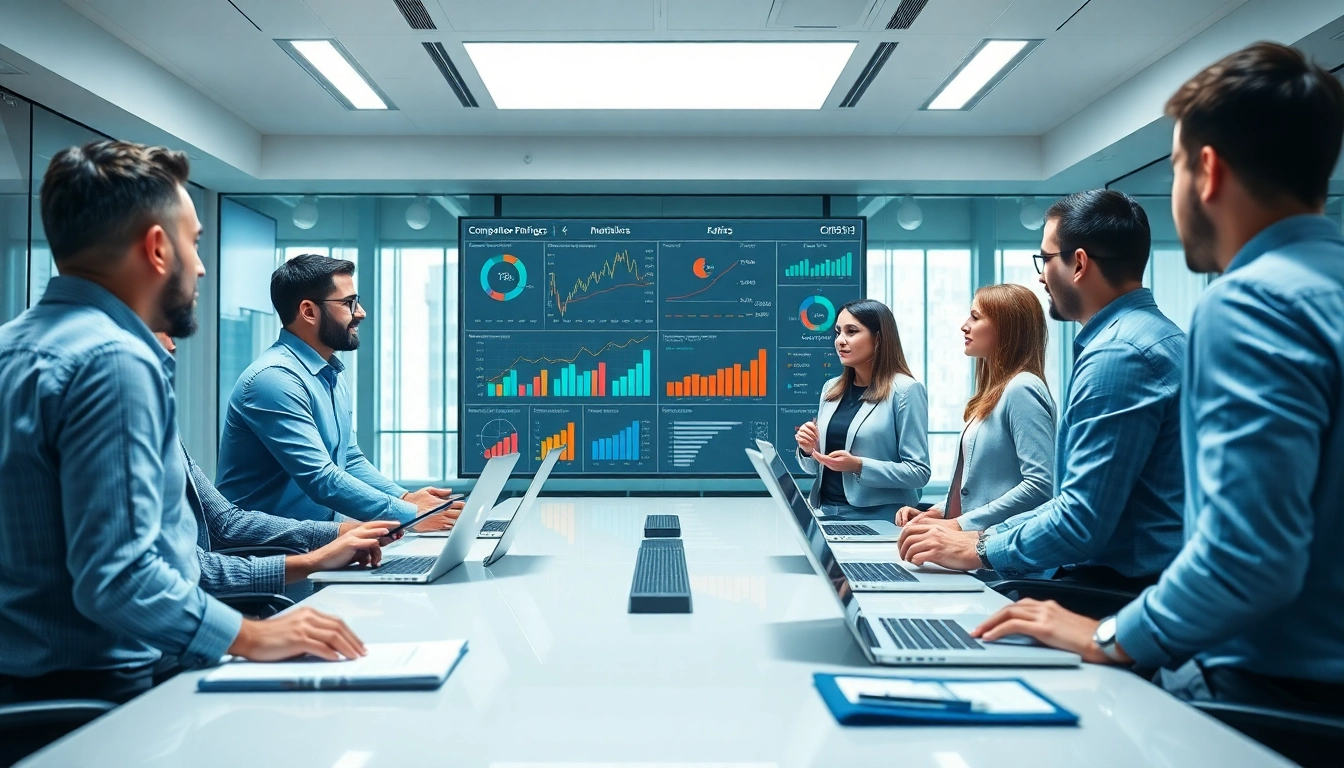 Analyze competitor pricing strategies in a collaborative corporate environment with analysts discussing charts.
