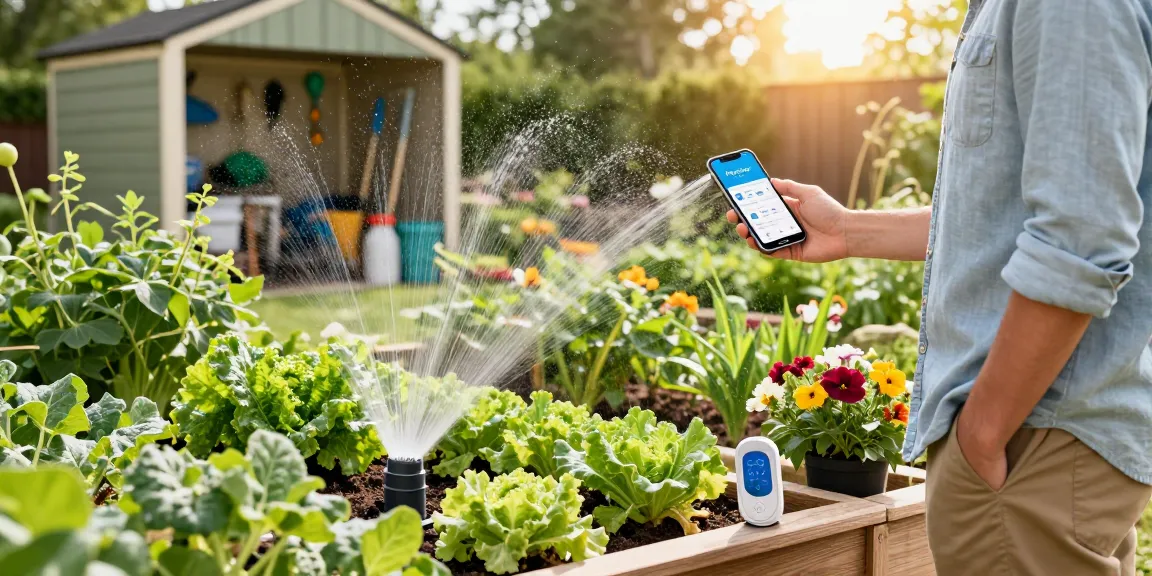 Homeowner using RainPoint smart sprinkler controller in a vibrant garden, setting up automated watering for plants.