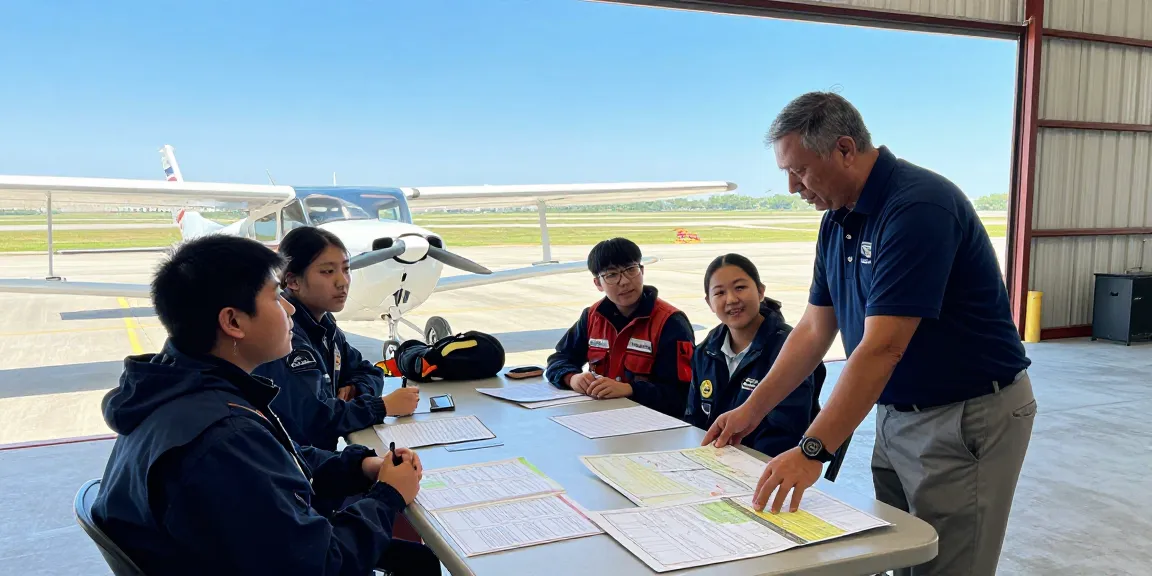 Engaged students training at flight schools in Kansas with instructors in dynamic aviation setting.