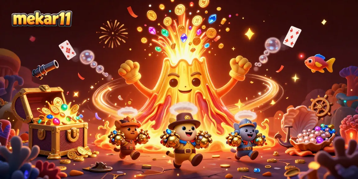 Mekar11 reveals treasures as cartoon volcano erupts with coins, enhancing your gambling adventure.