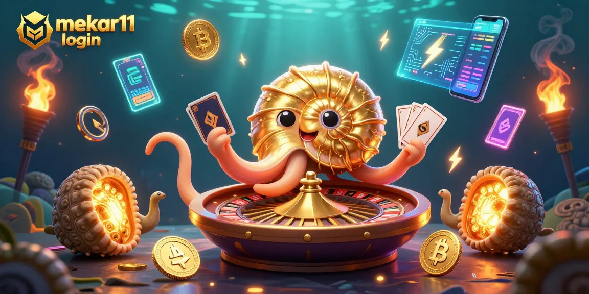 Experience the excitement of mekar11 login with a dazzling 3D casino scene featuring a giant nautilus roulette wheel.