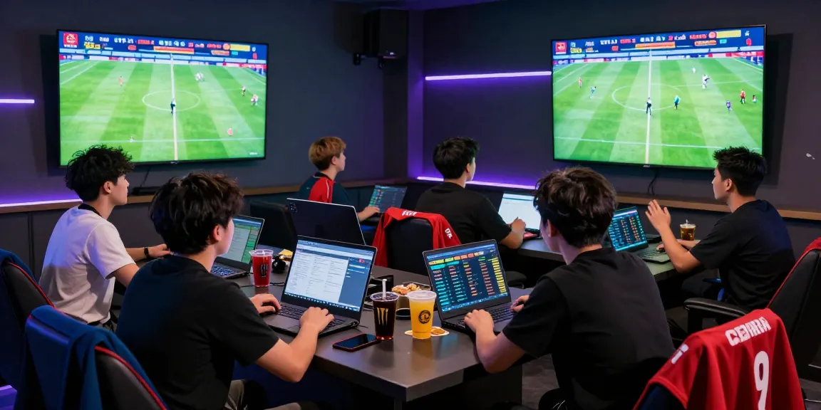 Bettors analyzing tỷ lệ kèo nhà cái in a modern gaming setup, surrounded by screens and snacks.