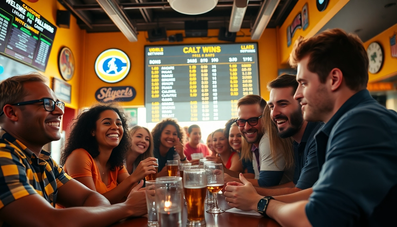 Friends enjoying sports betting sites California at a lively sports bar.