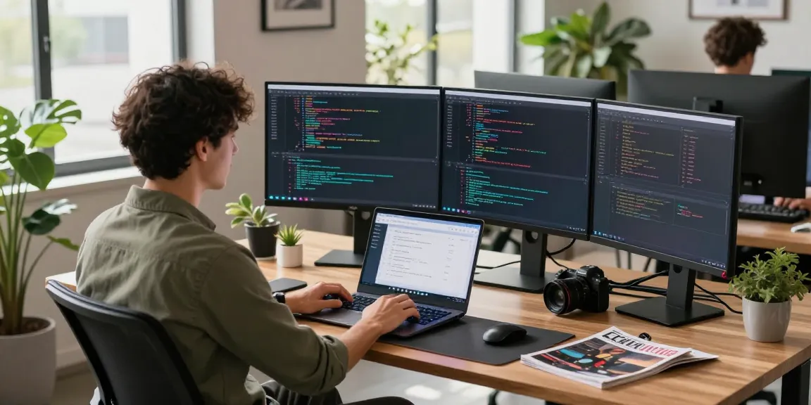 Modern workspace showcasing a developer coding with CrushOnAI software on dual monitors in an innovative tech office.