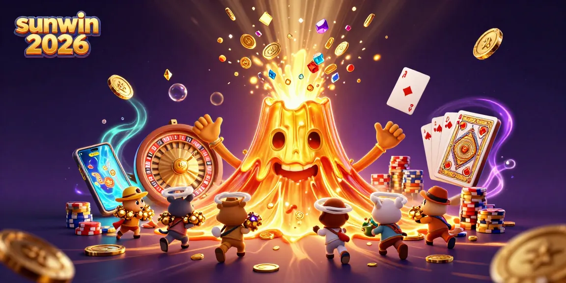Experience the vibrant thrills of sunwin 2026 with a golden volcano erupting treasures in this casino scene.