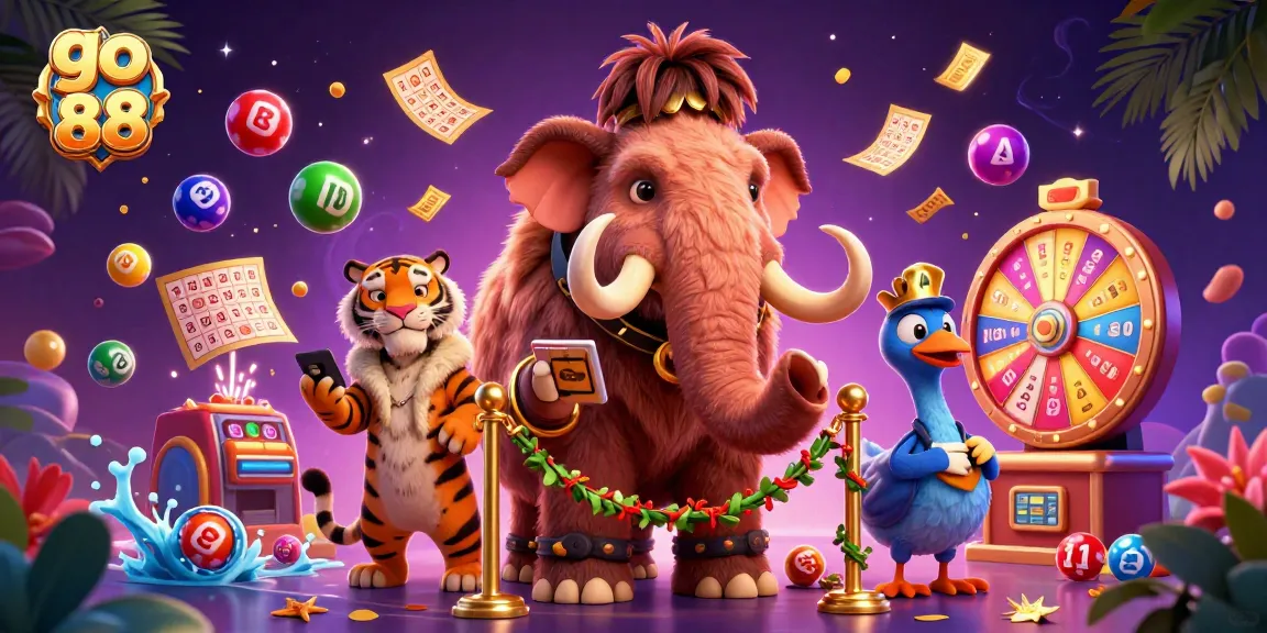 Engage in exciting gambling fun with go 88 as colorful lottery balls tumble amid vibrant casino characters.