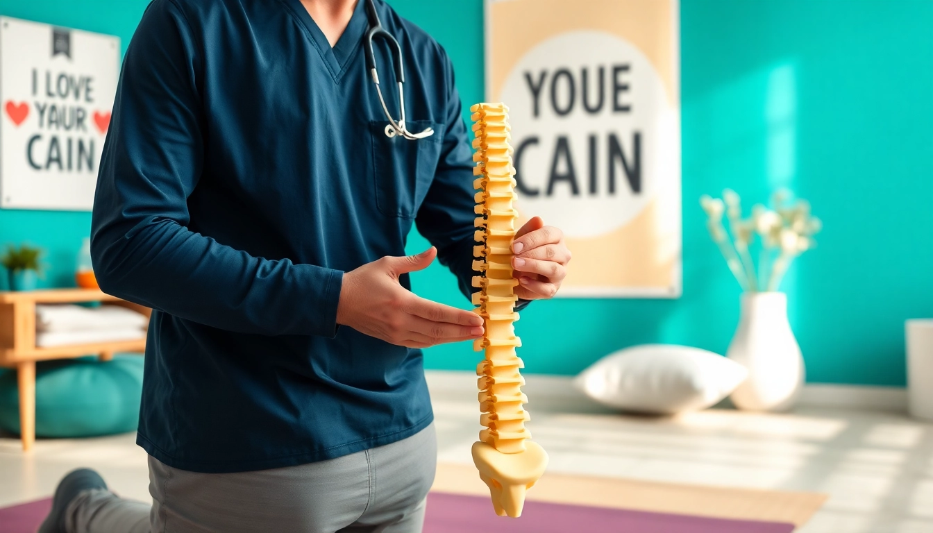 Engaging back pain treatment session with a physiotherapist and spine model.