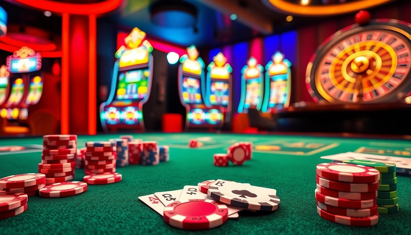 B52club gaming table with vibrant poker chips and cards, capturing the excitement of casino play.