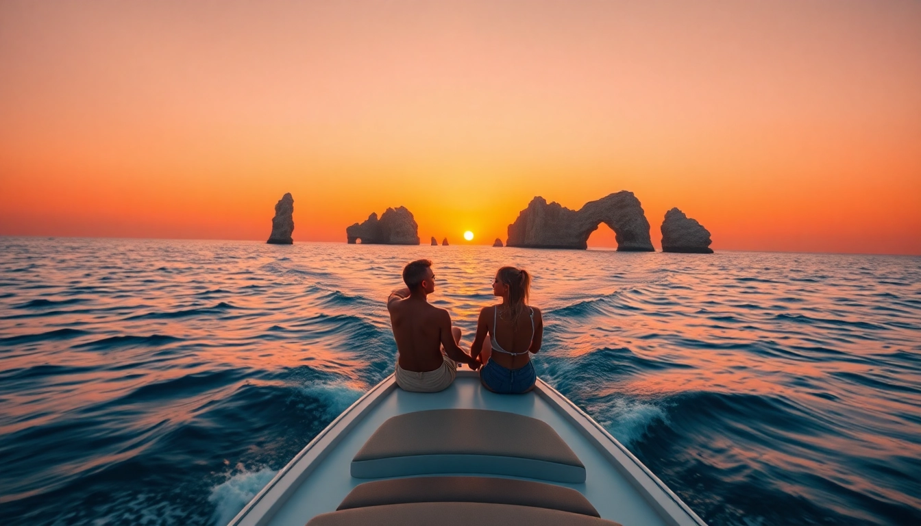 Experience Cabo sunset cruise deals on a romantic evening with a boat against a colorful skyline.