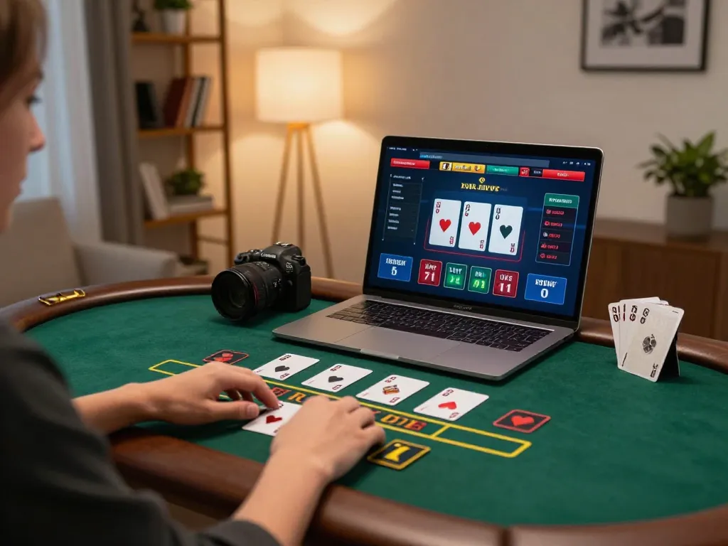 Engaging in online blackjack at atq com in a stylish home gaming setup with laptop, cards, and warm lighting.