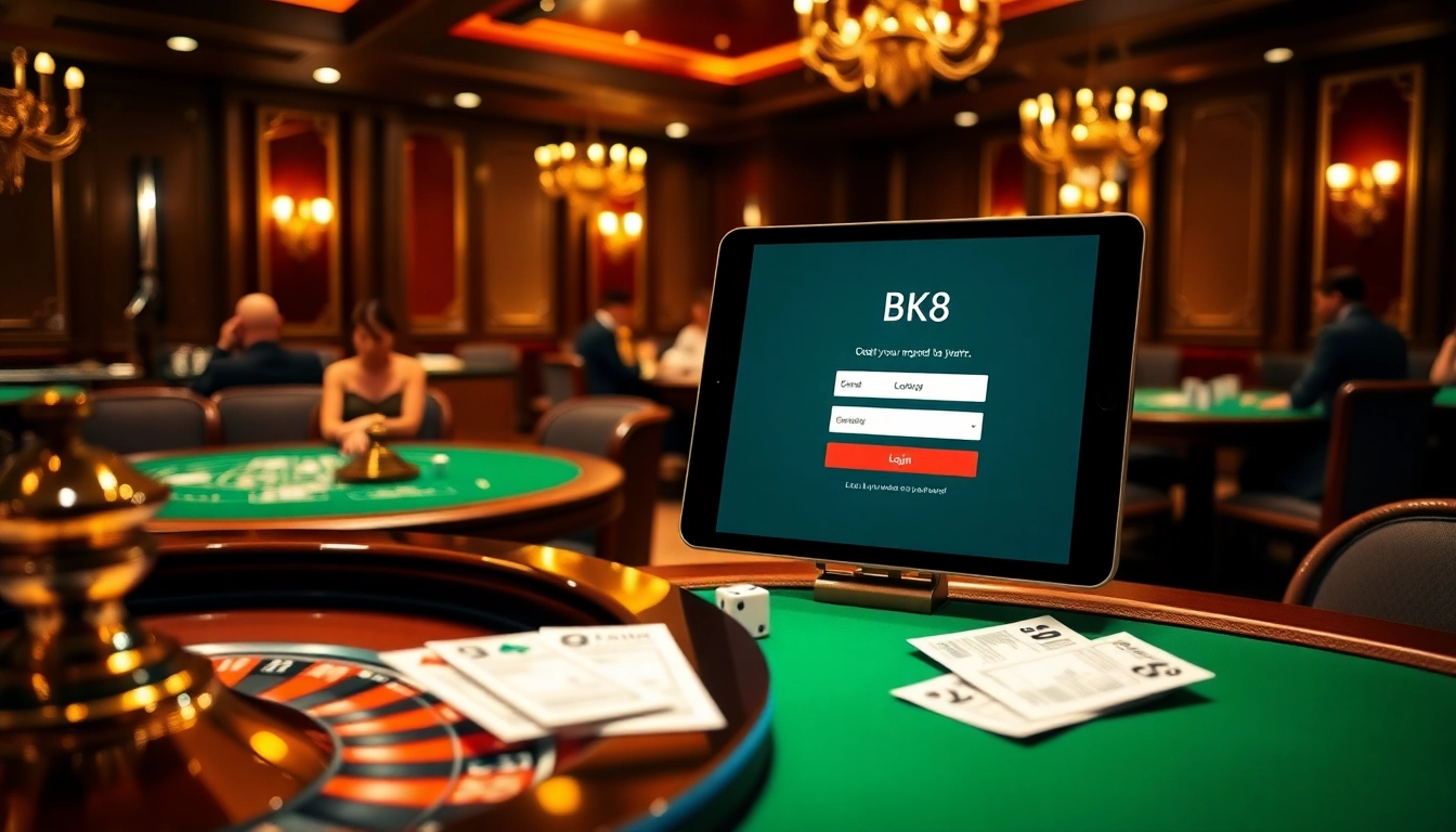 Experience seamless BK8 login at a luxurious casino, featuring poker tables, roulette wheels, and betting tickets.