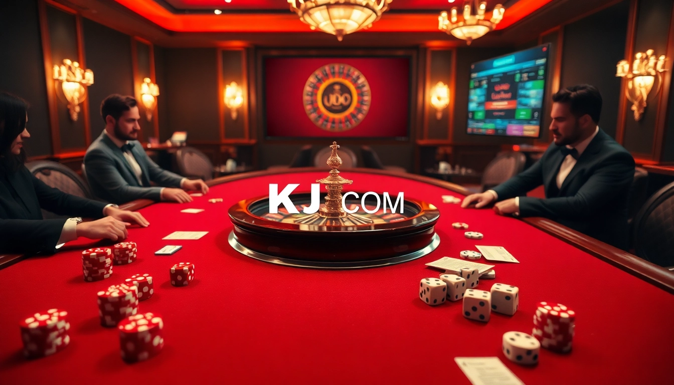 Winning moments at KJC COM's luxurious casino, showcasing poker chips and a roulette wheel.