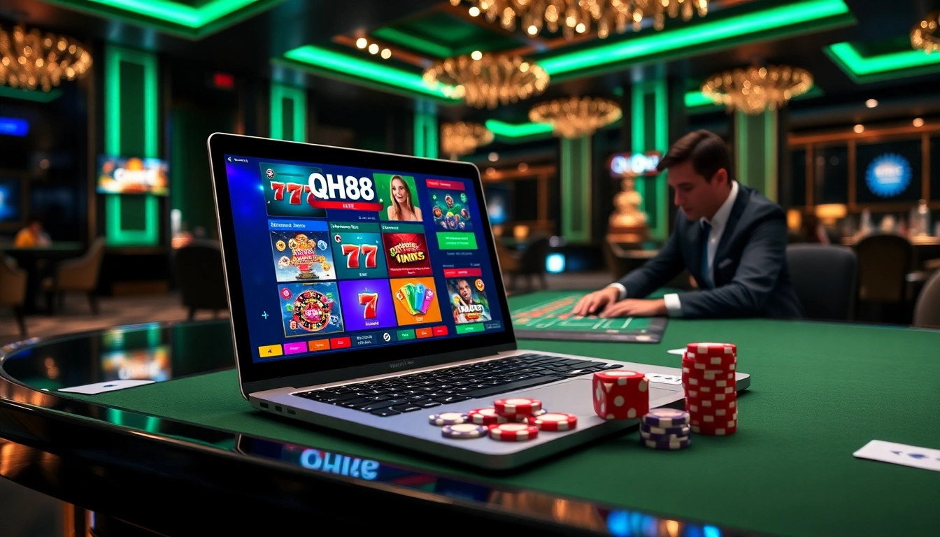 Engaging with QH88 online casino games in a luxurious and vibrant setting.