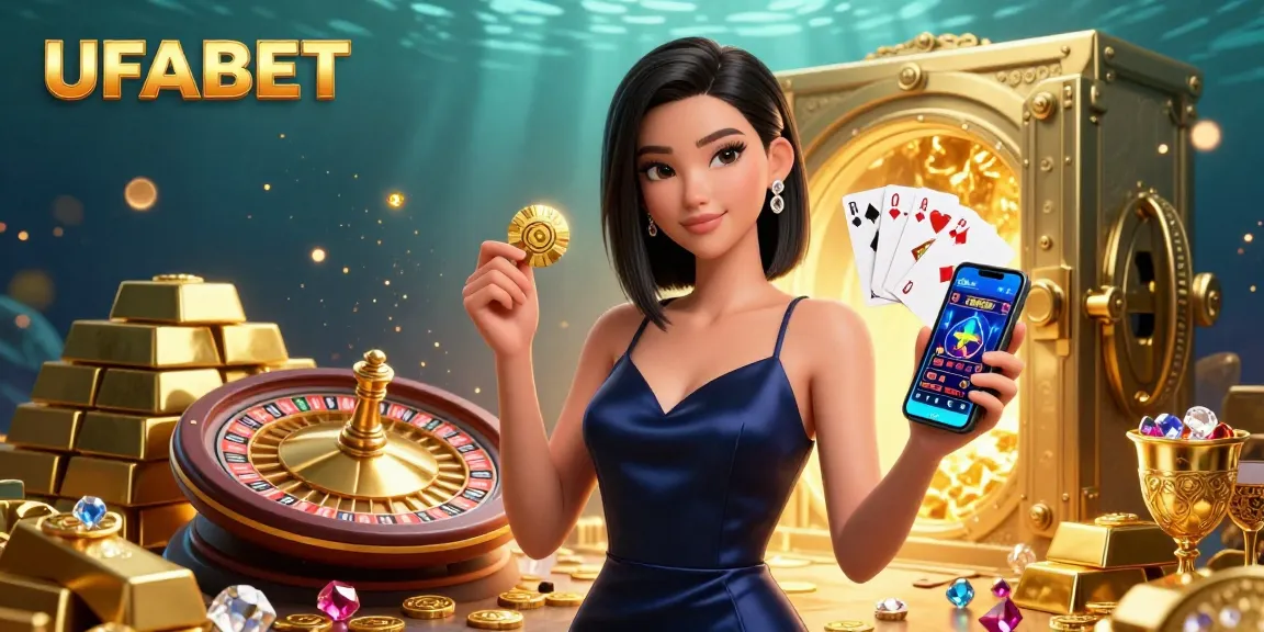 Experience the excitement of UFABET's dynamic gaming scene with golden treasures and vibrant casino elements.