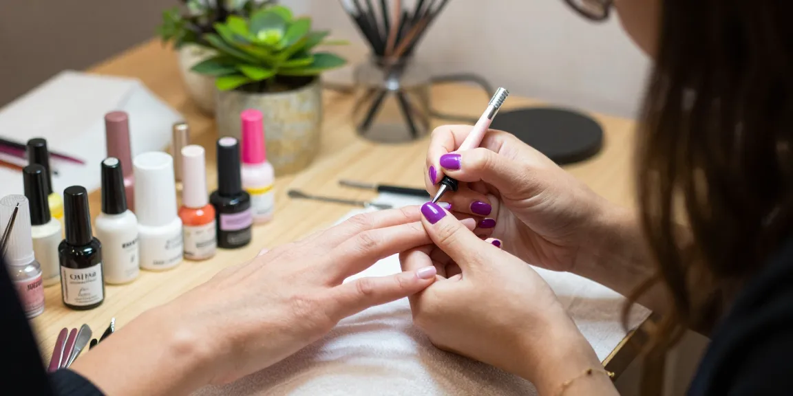 Aplicarea ojei semipermanente profesionale într-un salon de unghii de lux.