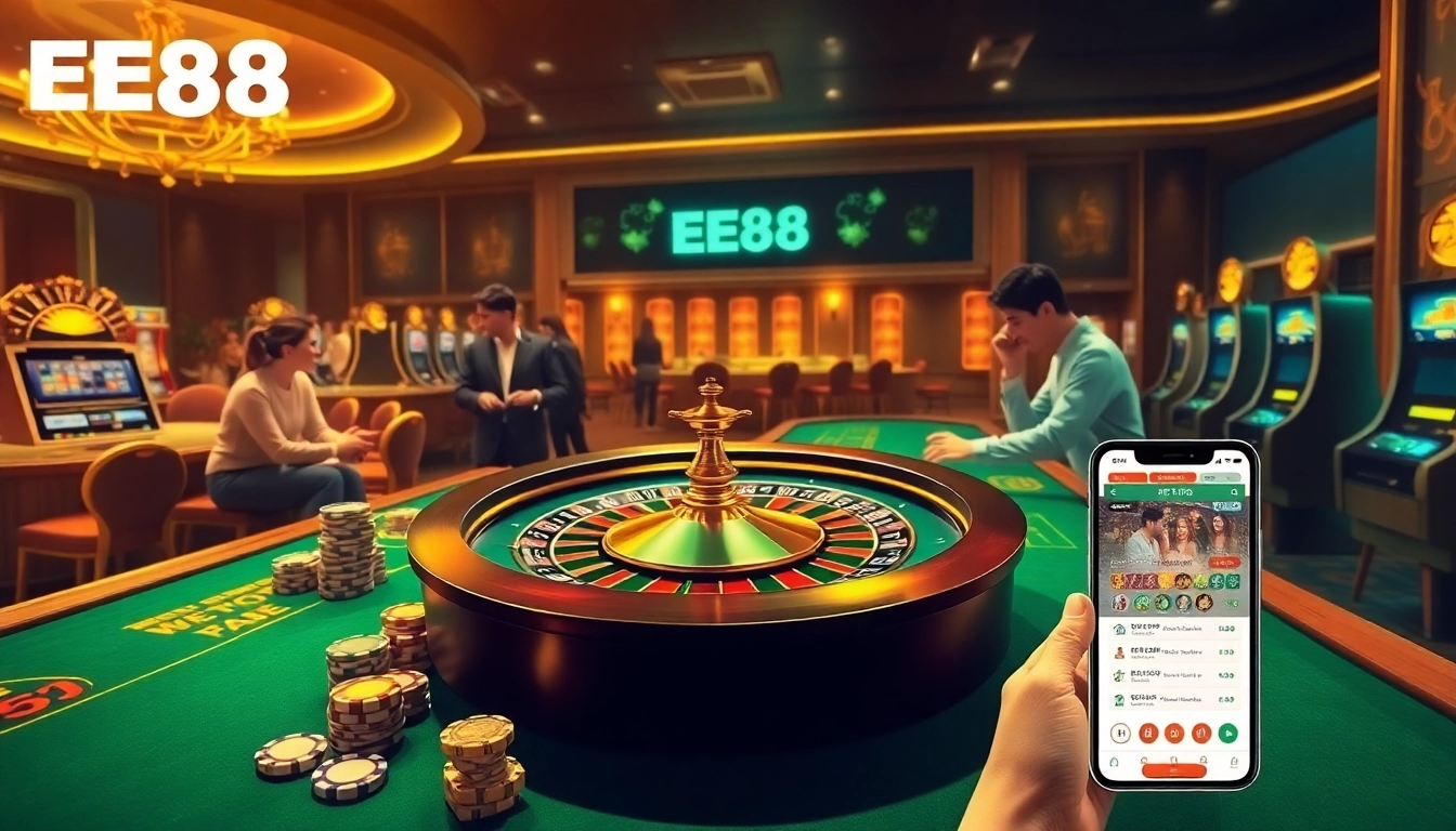 Players enjoying a thrilling game at EE88 casino, featuring a vibrant roulette table and slot machines.