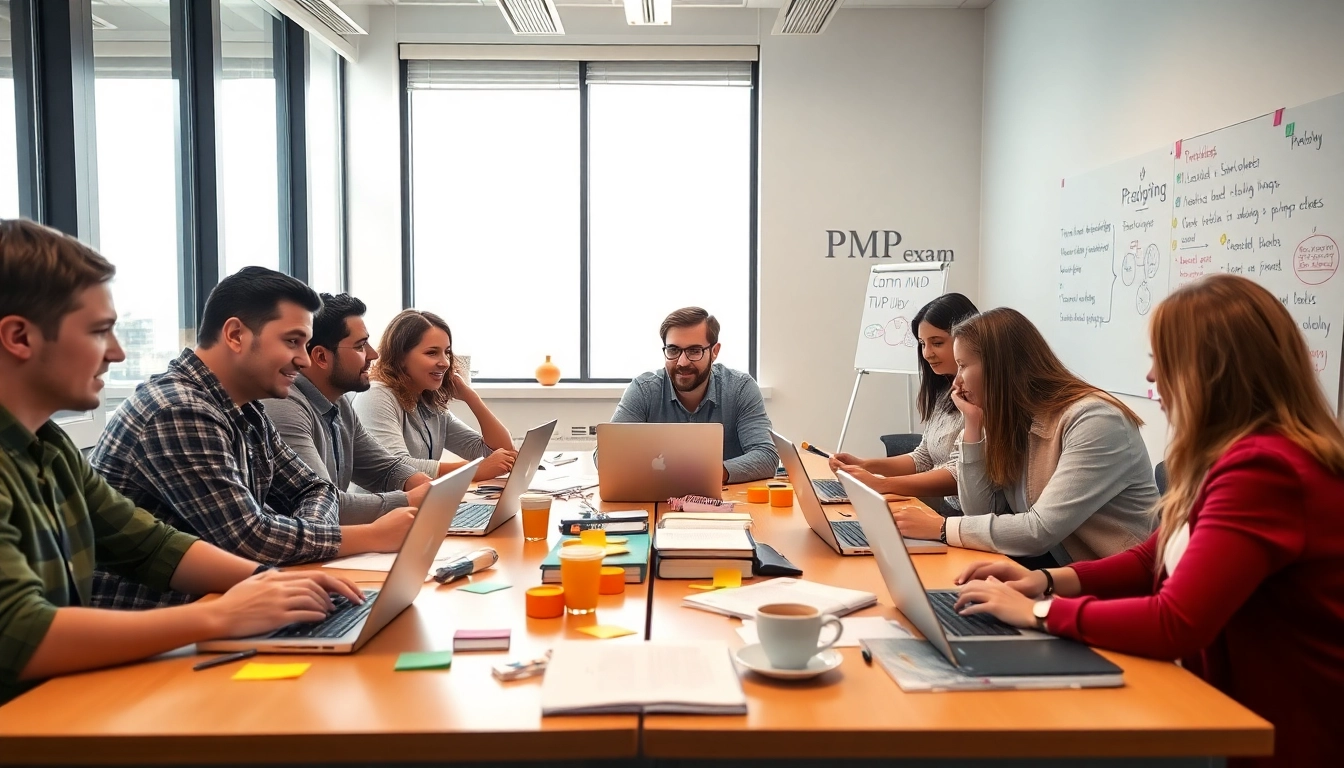 PMP exam support study group collaborating with textbooks and laptops in a bright, focused environment.