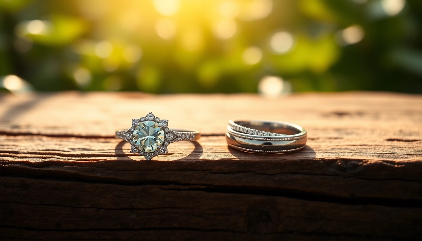 Admire beautiful wedding rings with intricate designs and settings on display.