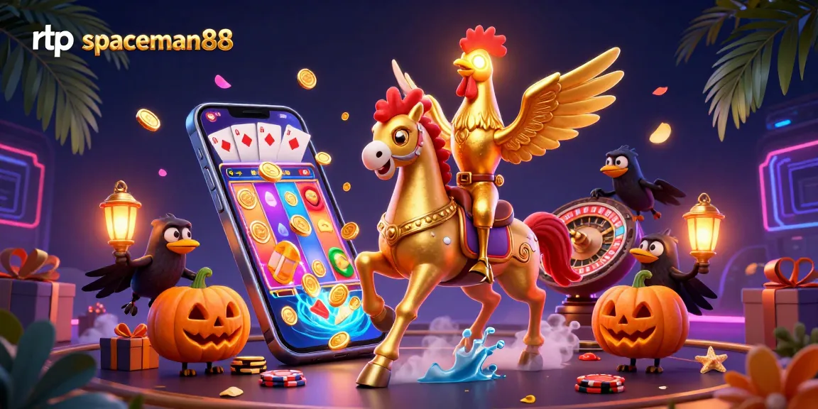 Experience rtp spaceman88 with a vibrant casino scene featuring a golden rooster riding a spectral horse surrounded by gaming elements.