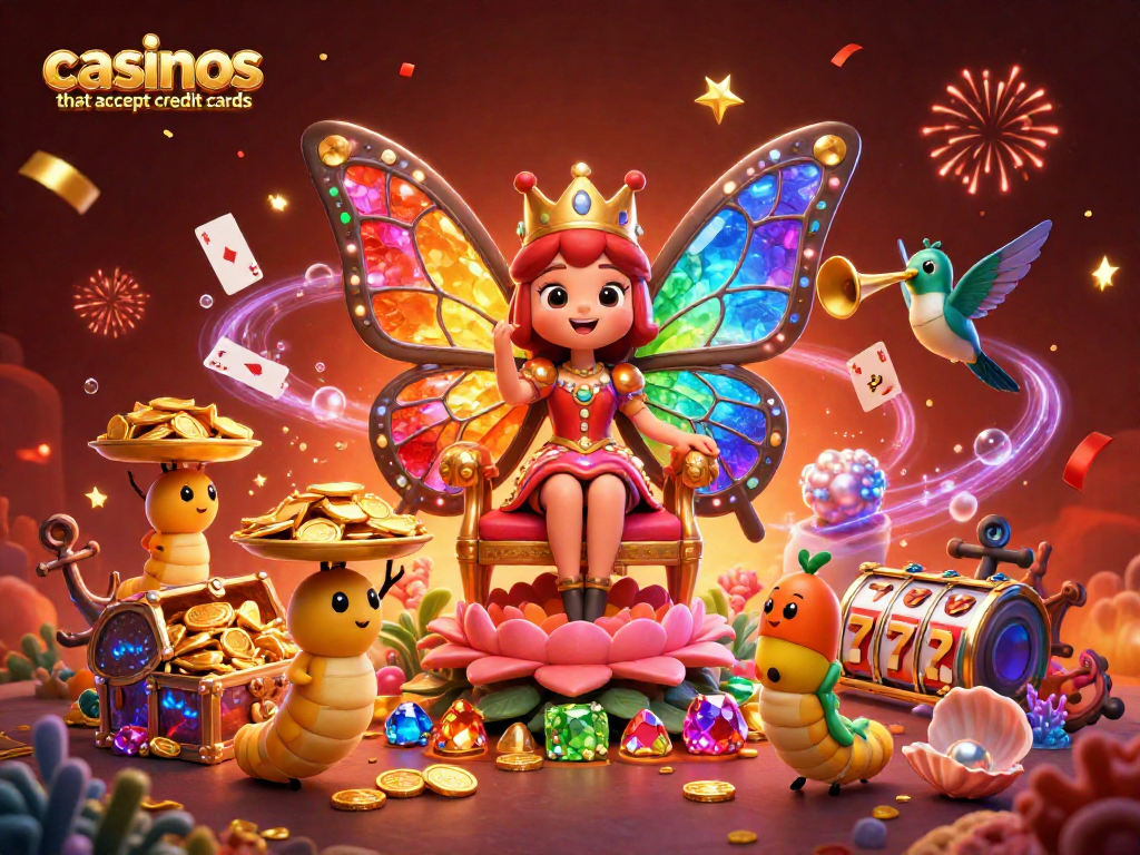 Experience excitement at casinos that accept credit cards with vibrant characters and game symbols in action.
