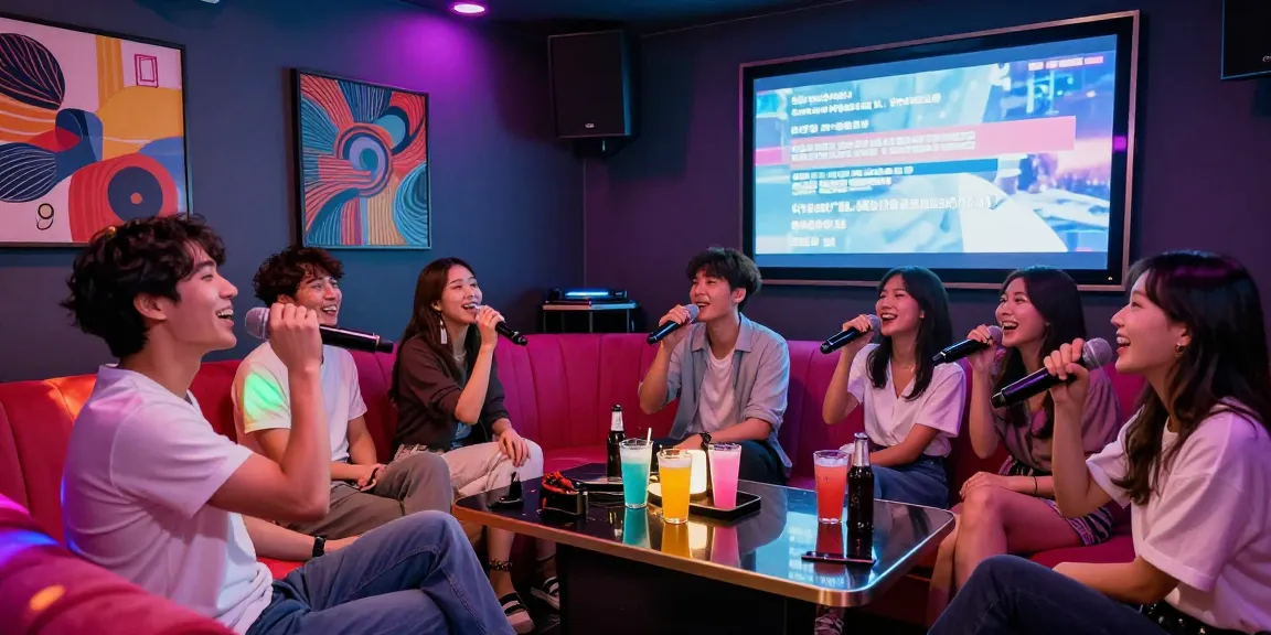 강남가라오케에서 즐거운 친구들과 자유롭게 노래하는 모습, 화려한 조명이 돋보이는 카라오케룸
