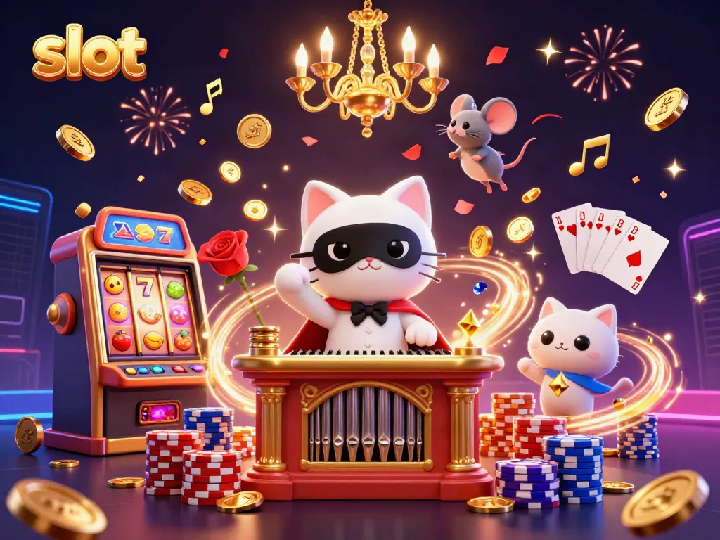 Menggunakan slot dalam permainan kasino, 3D kucing hantu mengenakan topeng putih dan jubah merayakan keberuntungan di tengah koin berkilau.