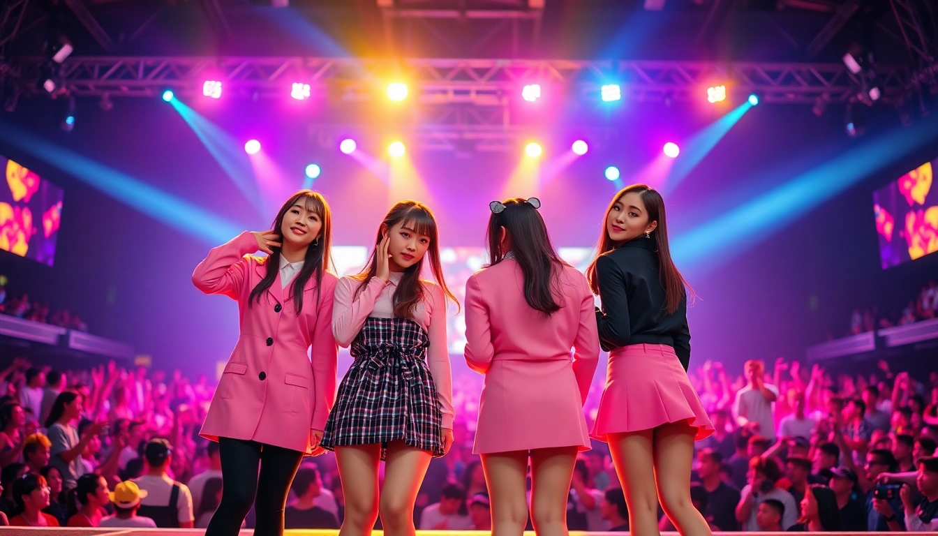 blackpink members Jisoo, Jennie, Rosé, and Lisa posing energizingly at a concert.