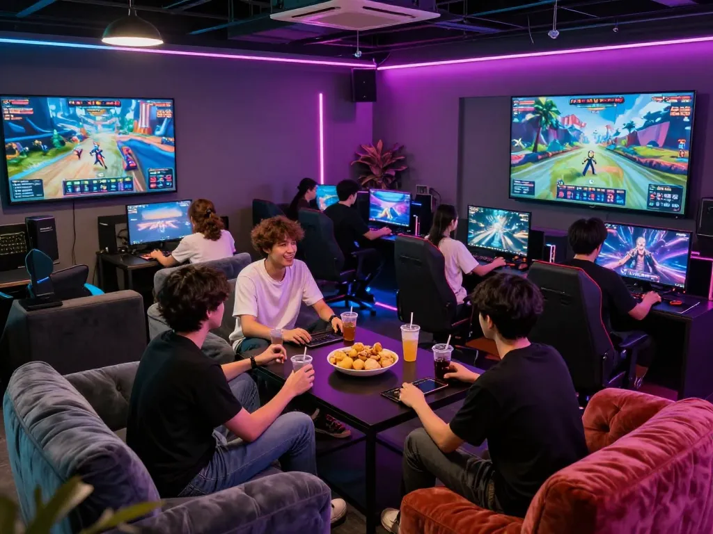 Players engaged in exciting xxx games at a vibrant gaming lounge with snacks and neon lights.