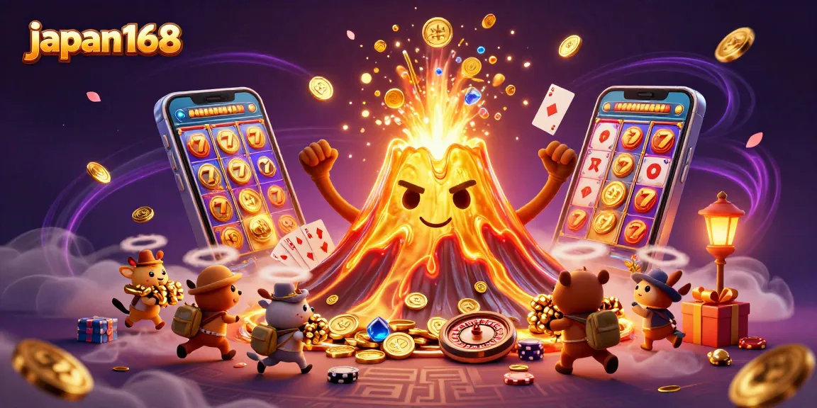 Experience thrilling jackpots at japan168 with a dynamic visual of treasures erupting from a golden volcano.