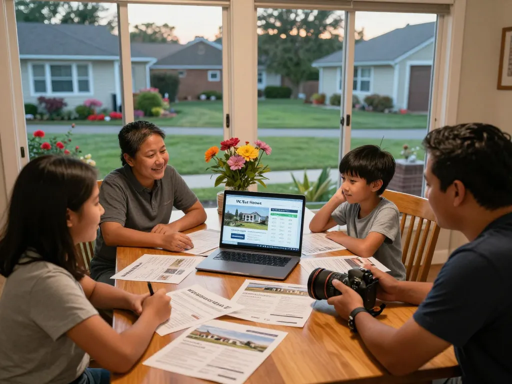 We buy houses family discussing options with a home buyer in a welcoming suburban environment.