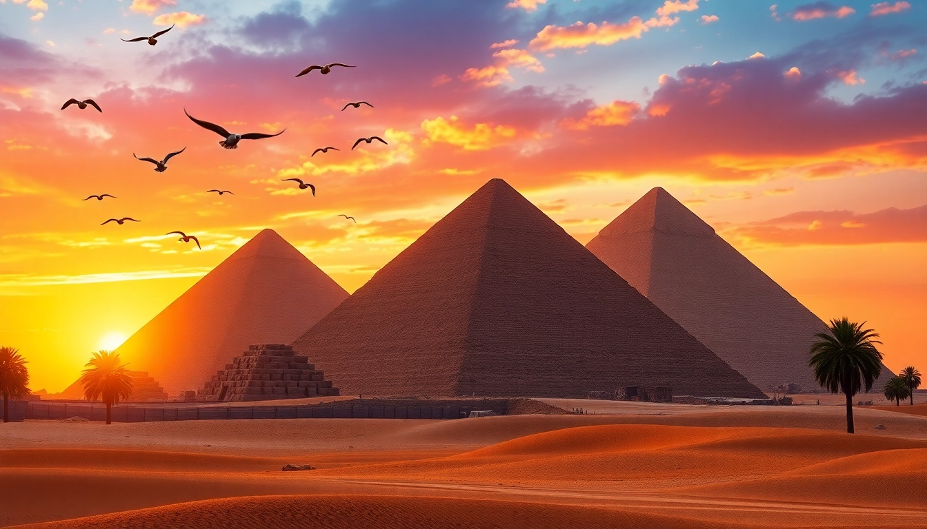 Vibrant sunset illuminating the iconic pyraminds, with birds soaring above and desert scenery.