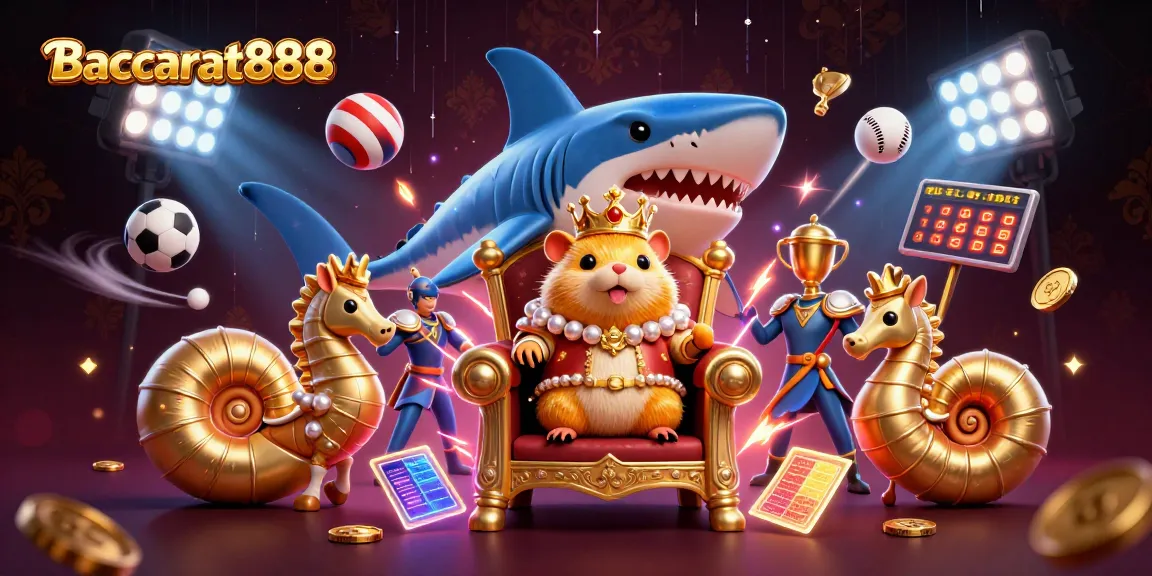 Baccarat888 delivers an energetic 3D scene showcasing a golden hamster king surrounded by dynamic sports-themed elements.