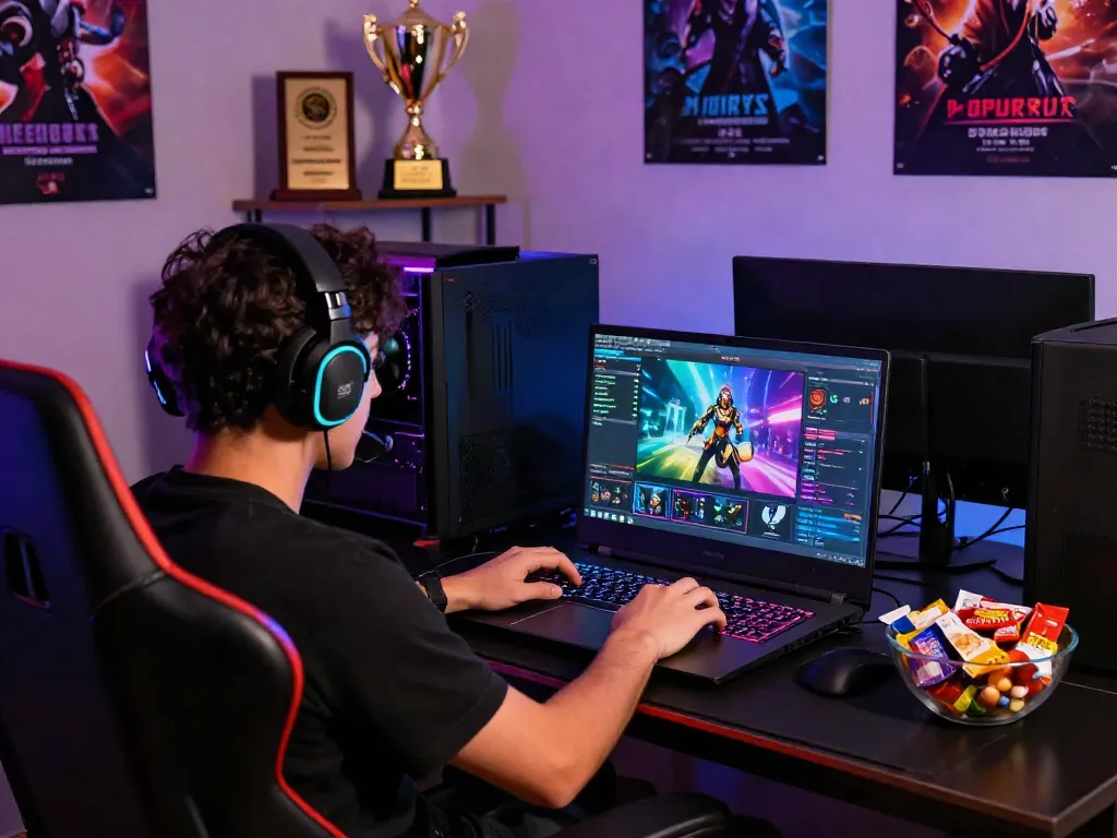 DYNAMIC DJARUMBOS LOGIN experience in vibrant gaming environment with player focused on laptop.