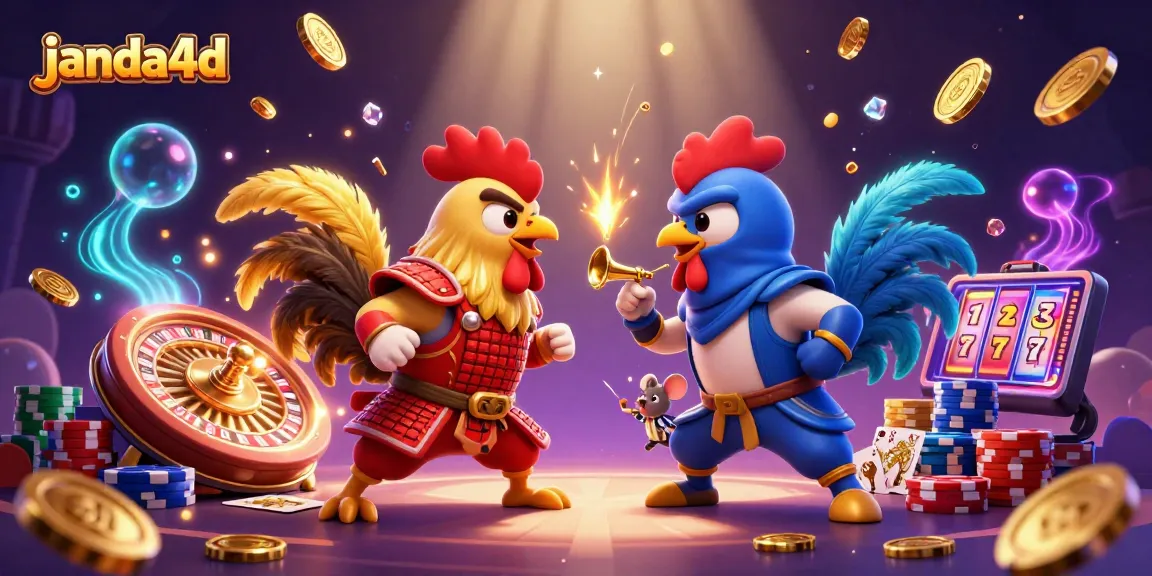 JANDA4D menghadirkan ilustrasi 3D penuh warna dari ayam petarung dalam pertarungan dramatis di arena perjudian.