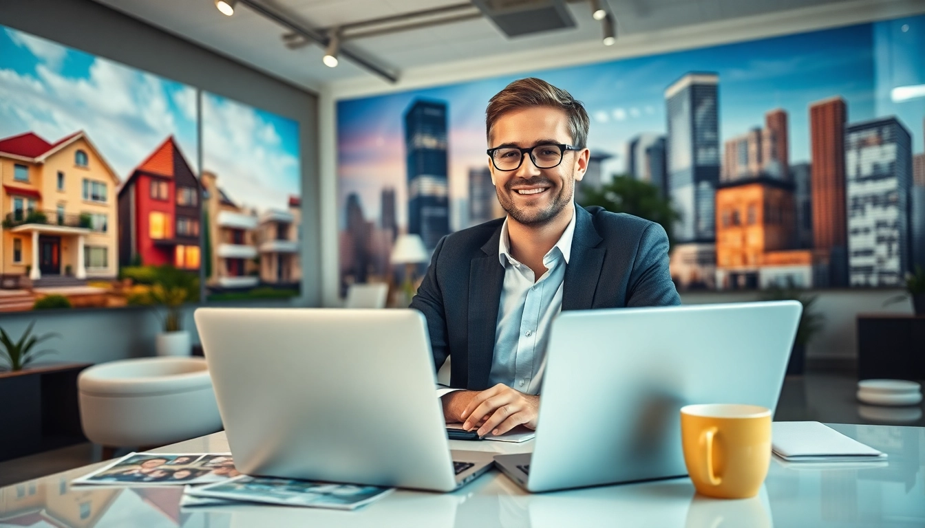 Showcasing real estate professional discussing property listings in a bright modern office.
