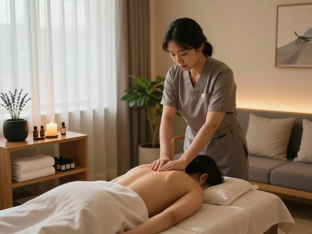 천안스웨디시 therapist providing a soothing massage in a serene spa environment.