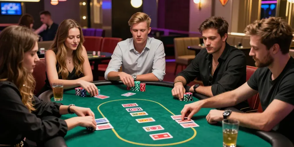 Engaging gambling scene with friends at ORION88 poker table, chips and excitement in the air.