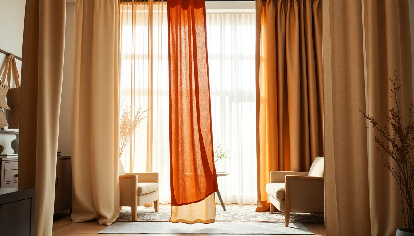 Gordijnstof van verschillende texturen en kleuren in een stijlvolle woonkamer.