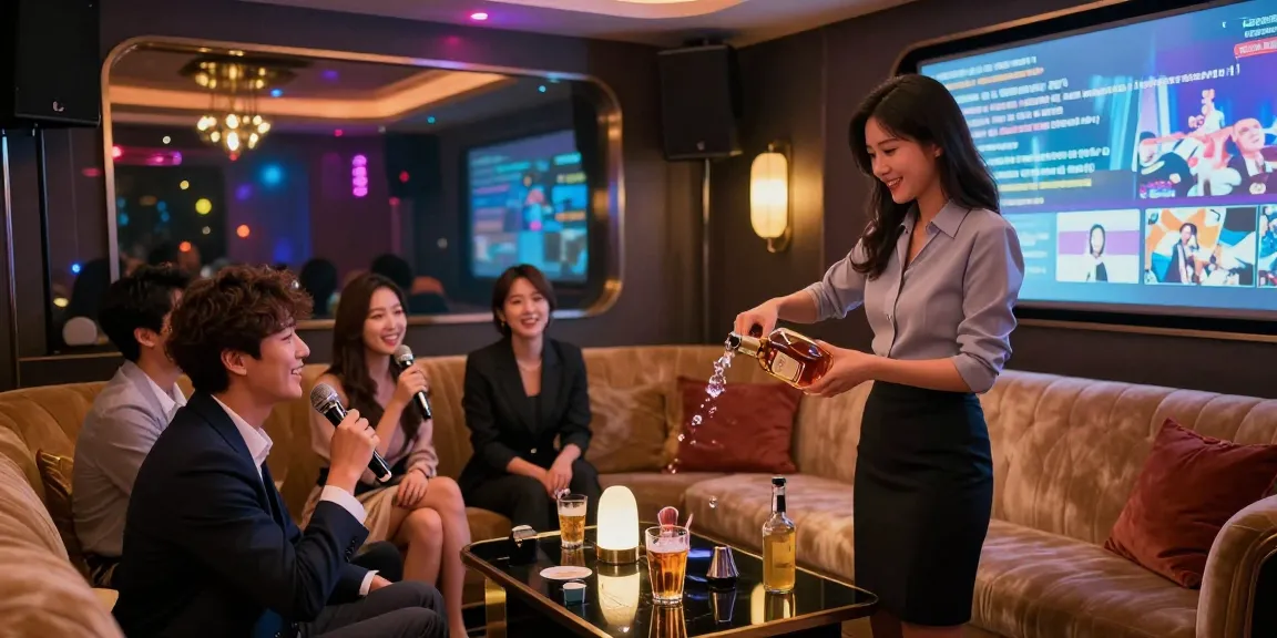 강남가라오케에서 화려한 조명이 켜진 프라이빗 룸에서 즐기는 모습